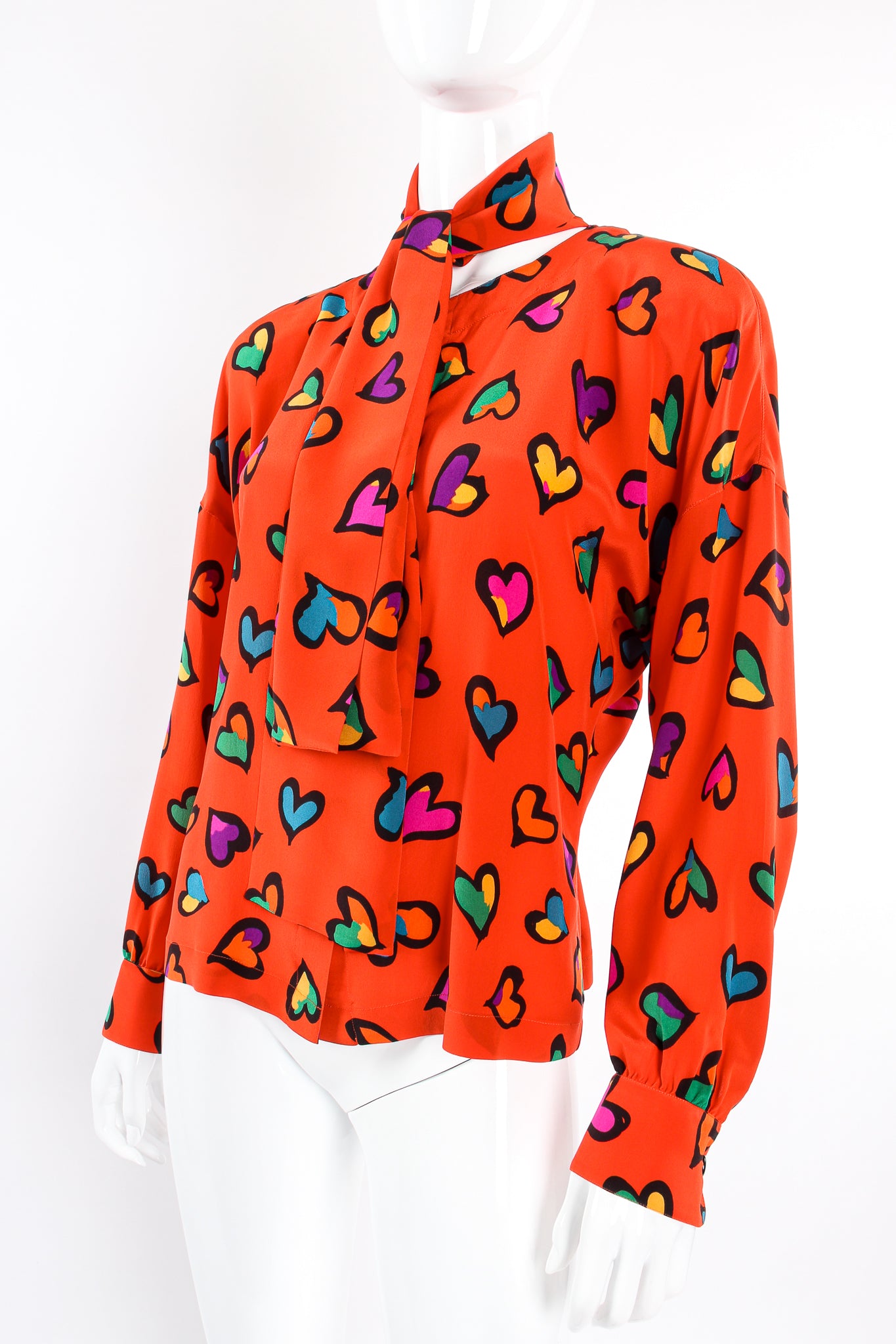 Vintage Escada Graffiti Heart Print Silk Blouse on Mannequin front angle at Recess Los Angeles