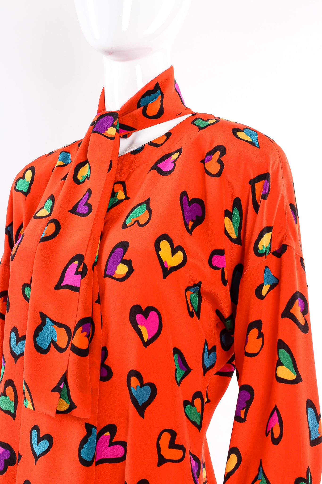 Vintage Escada Graffiti Heart Print Silk Blouse on Mannequin scarf neck at Recess Los Angeles