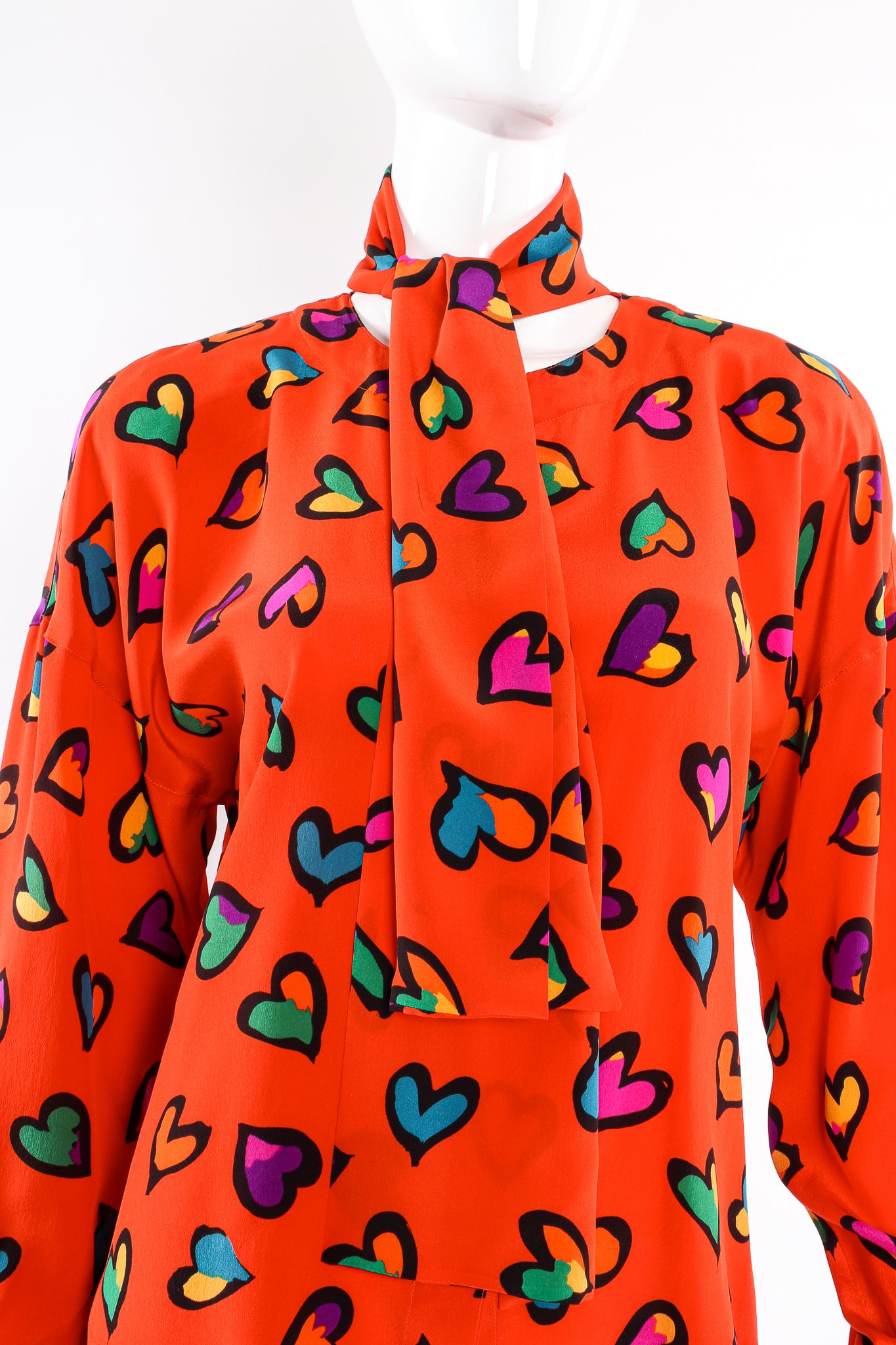 Vintage Escada Graffiti Heart Print Silk Blouse on Mannequin scarf neck crop at Recess Los Angeles