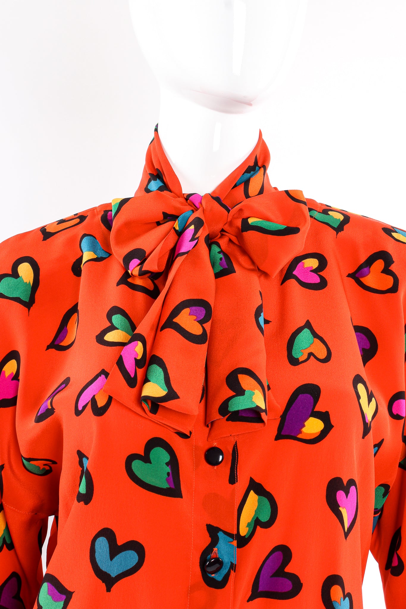 Vintage Escada Graffiti Heart Print Silk Blouse on Mannequin bow tie at Recess Los Angeles