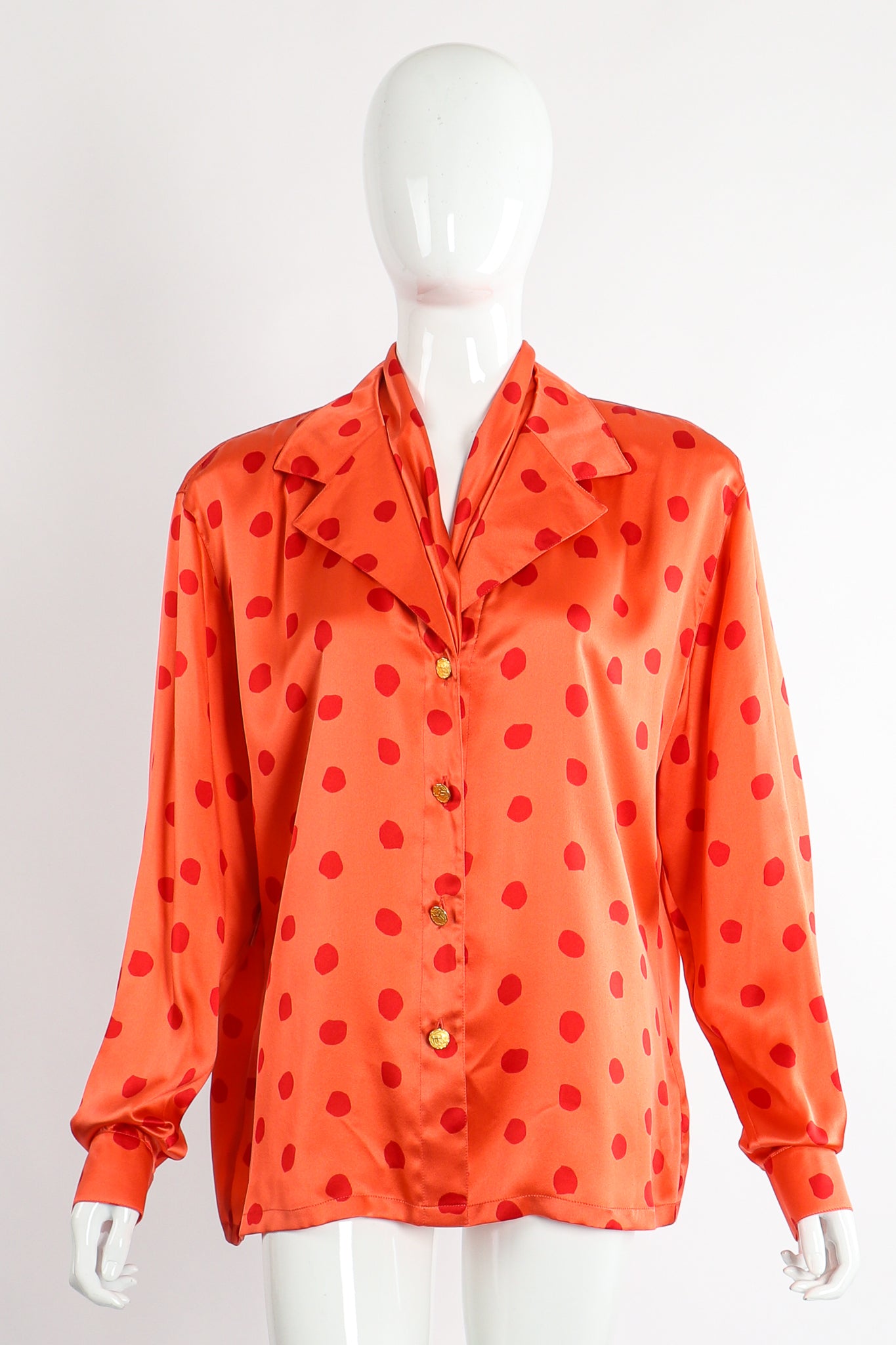 Vintage Escada Deadstock Fire Carnival Dot Satin Blouse On Mannequin front at Recess LA