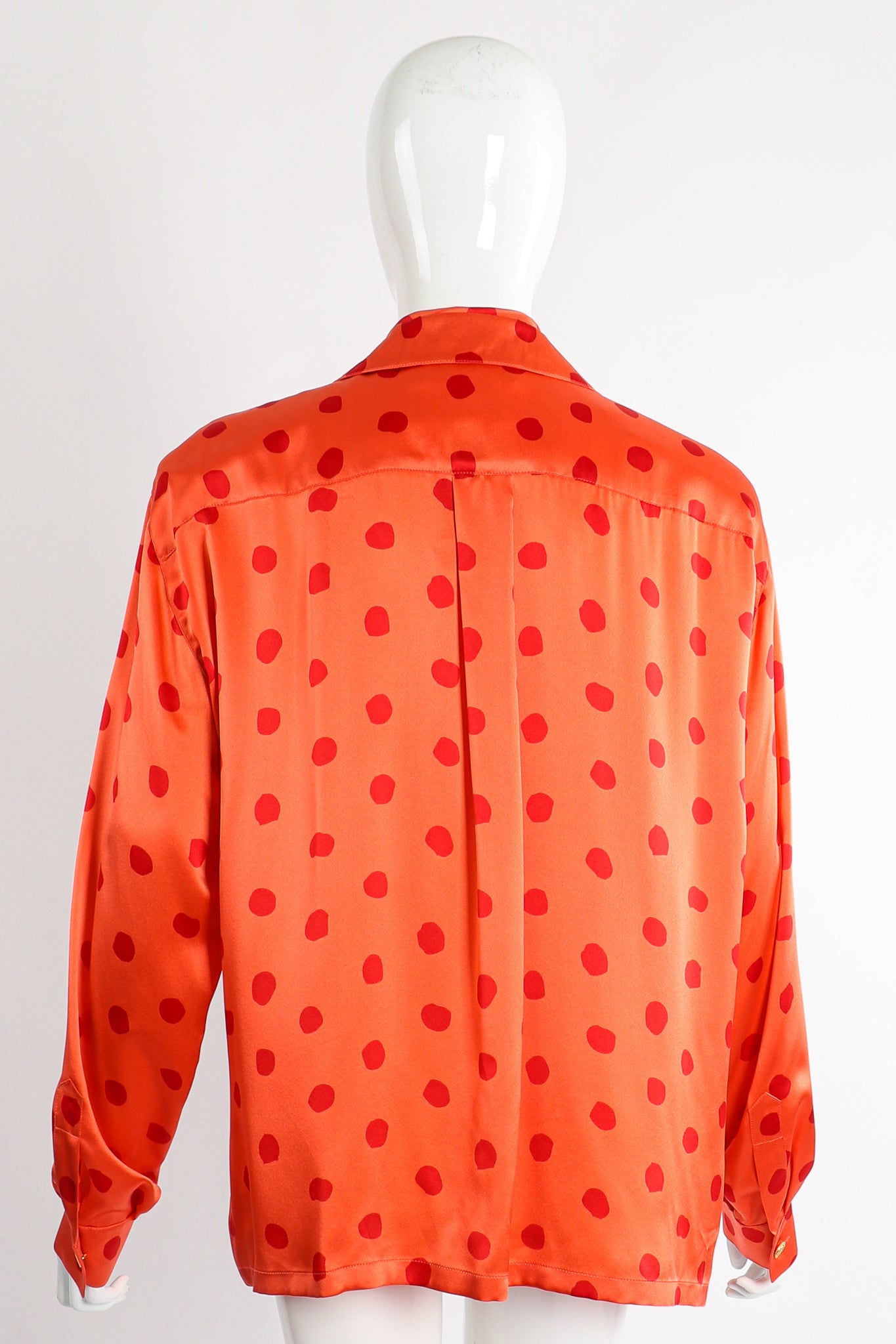 Vintage Escada Deadstock Fire Carnival Dot Satin Blouse On Mannequin back at Recess LA