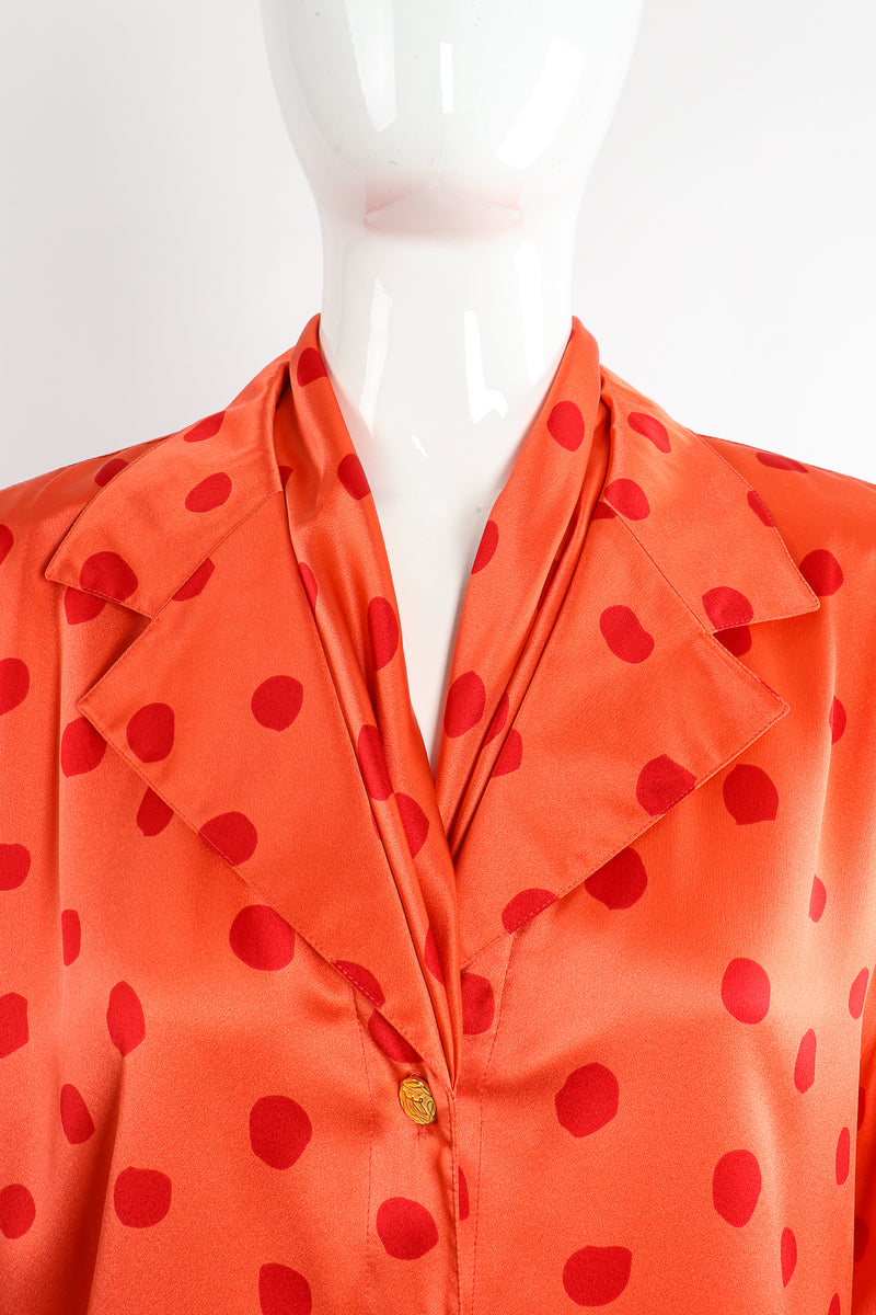 Vintage Escada Deadstock Fire Carnival Dot Satin Blouse On Mannequin collar detail at Recess LA