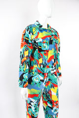 Vintage Escada Tropical Parrot Denim Jacket & Pant Set on Mannequin angle at Recess LA