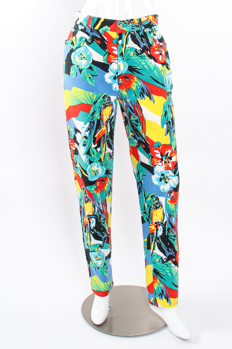 Vintage Escada Tropical Parrot Denim Jacket & Pant Set on Mannequin pant front at Recess LA