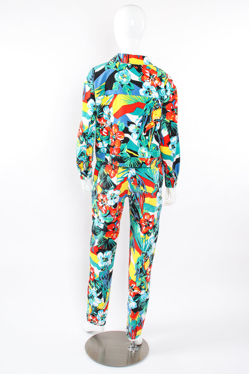 Vintage Escada Tropical Parrot Denim Jacket & Pant Set on Mannequin back at Recess LA