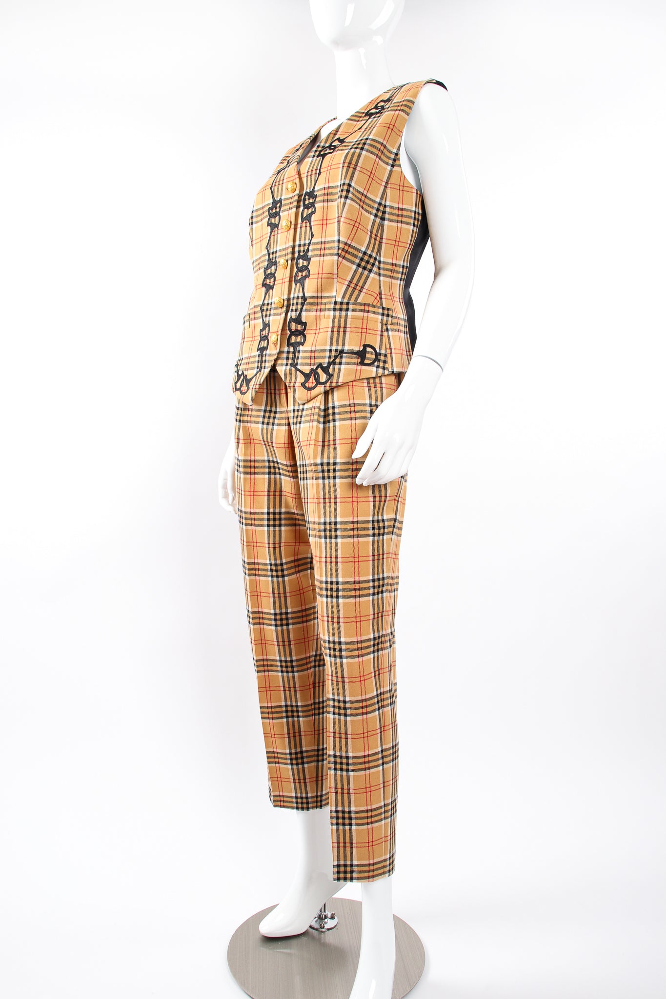 Vintage Escada Plaid Horsebit Vest & Pant Set on Mannequin angle at Recess Los Angeles