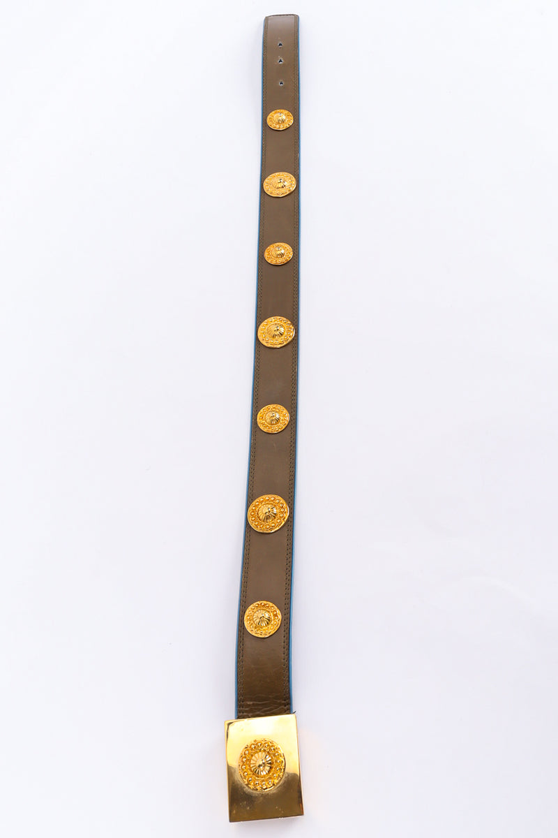 Wide olive brown leather belt with mixed gold studs by Escada flat lay @recessla