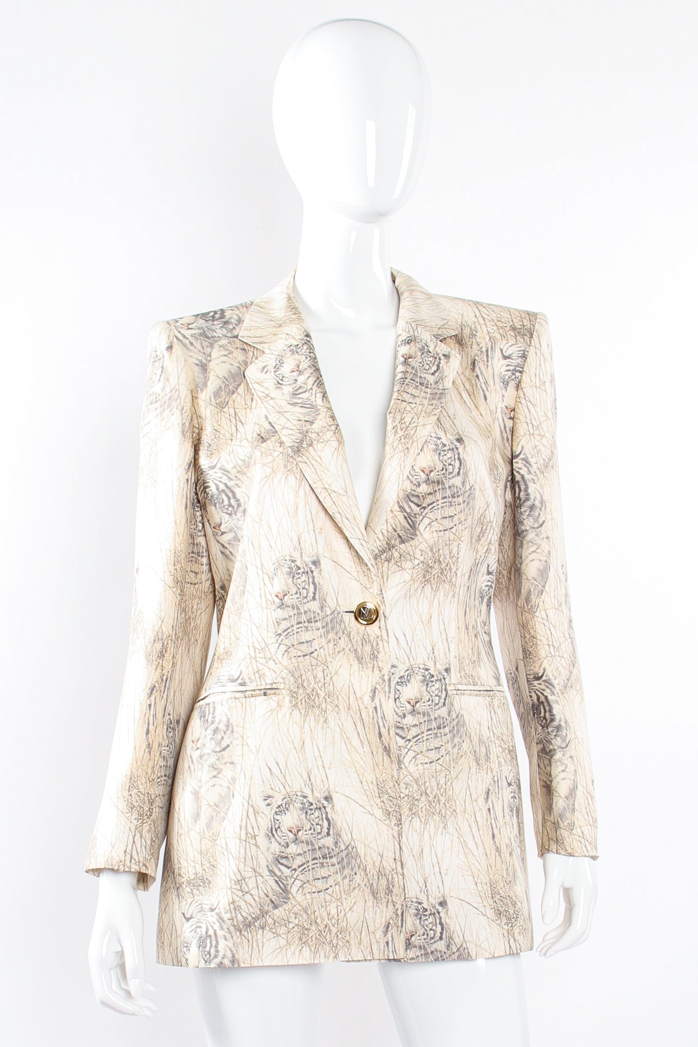 Vintage Escada Silk Snow Tiger Jacket on Mannequin front at Recess Los Angeles