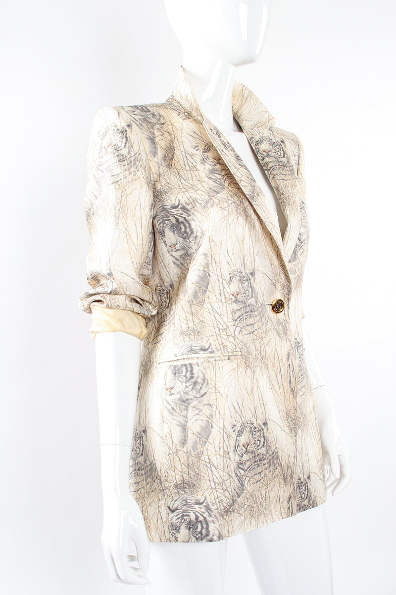 Vintage Escada Silk Snow Tiger Jacket on Mannequin angle at Recess Los Angeles