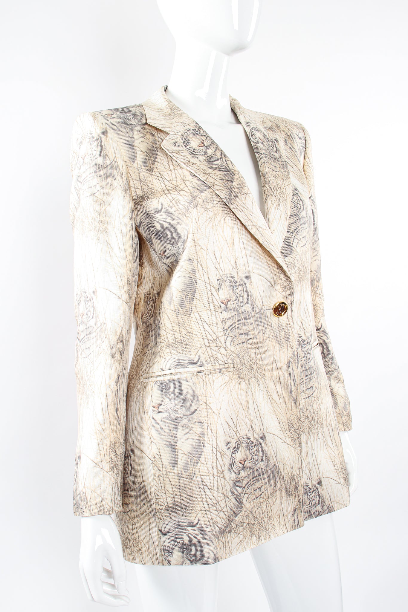 Vintage Escada Silk Snow Tiger Jacket on Mannequin angle at Recess Los Angeles