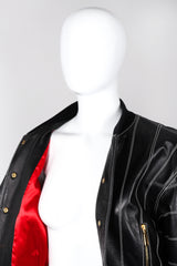 Recess Los Angeles Escada Bomber Black Leather Jacket Red Satin Lining