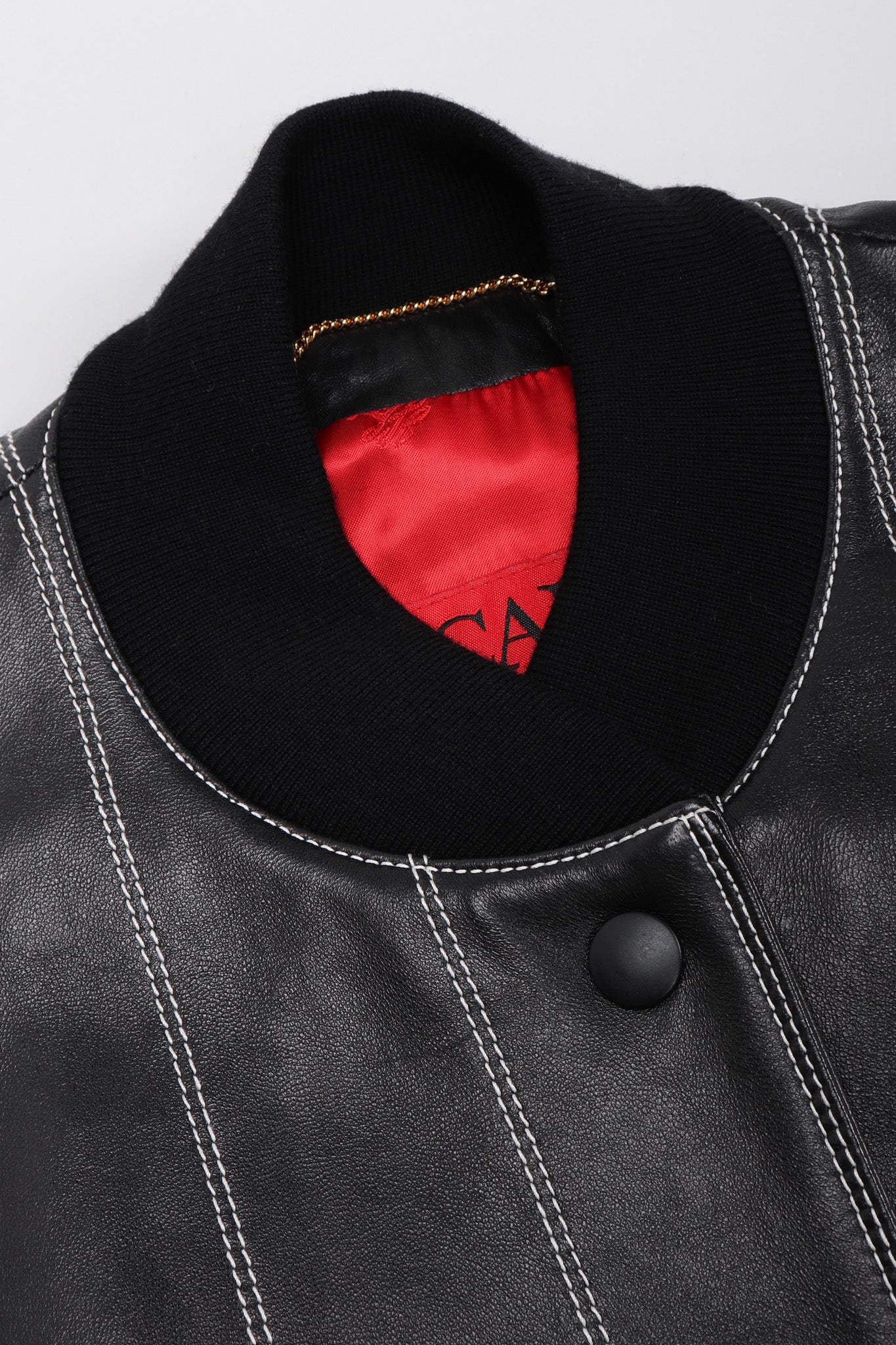 Recess Los Angeles Escada Bomber Black Leather Jacket Red Satin Lining