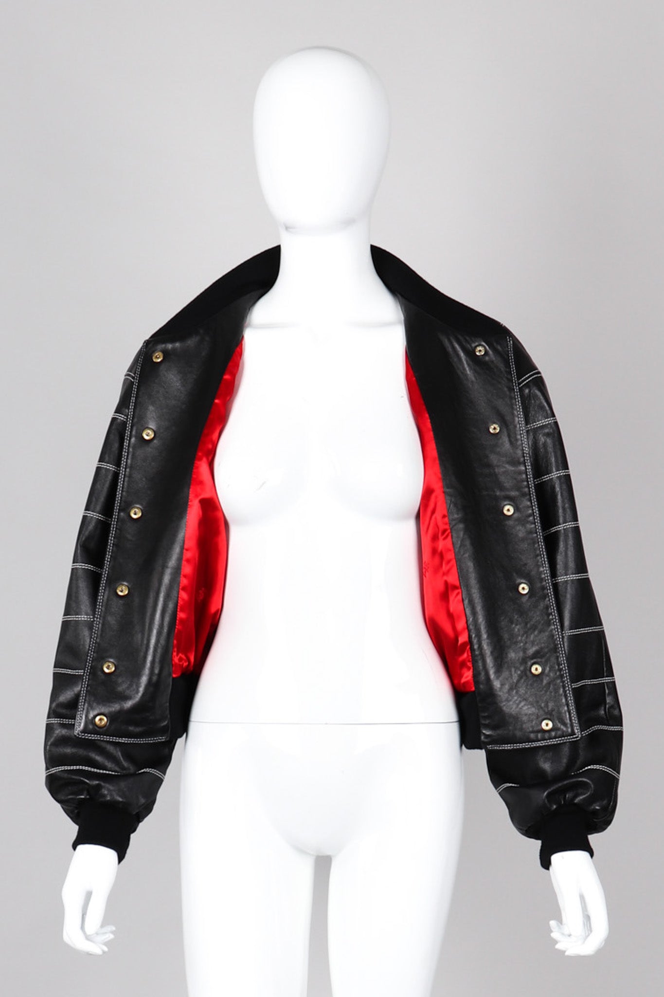 Recess Los Angeles Escada Bomber Black Leather Jacket Red Satin Lining