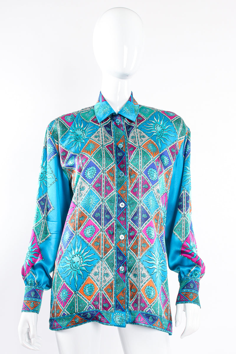 Vintage Escada Sol Goddess Mosaic Satin Shirt on Mannequin front at Recess Los Angeles