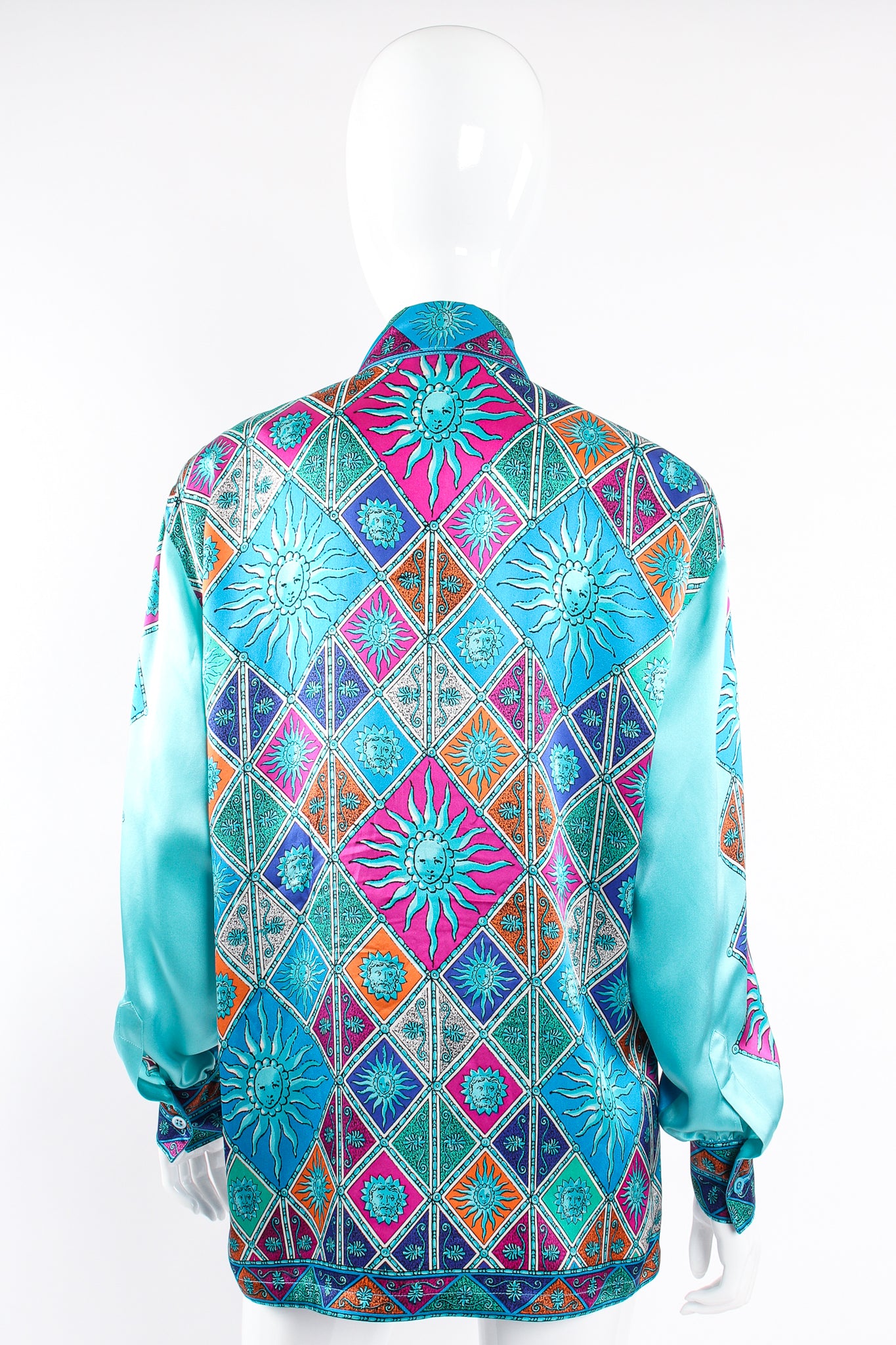 Vintage Escada Sol Goddess Mosaic Satin Shirt on Mannequin back at Recess Los Angeles