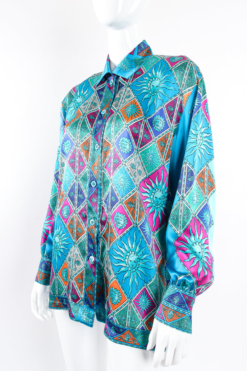 Vintage Escada Sol Goddess Mosaic Satin Shirt on Mannequin angle at Recess Los Angeles