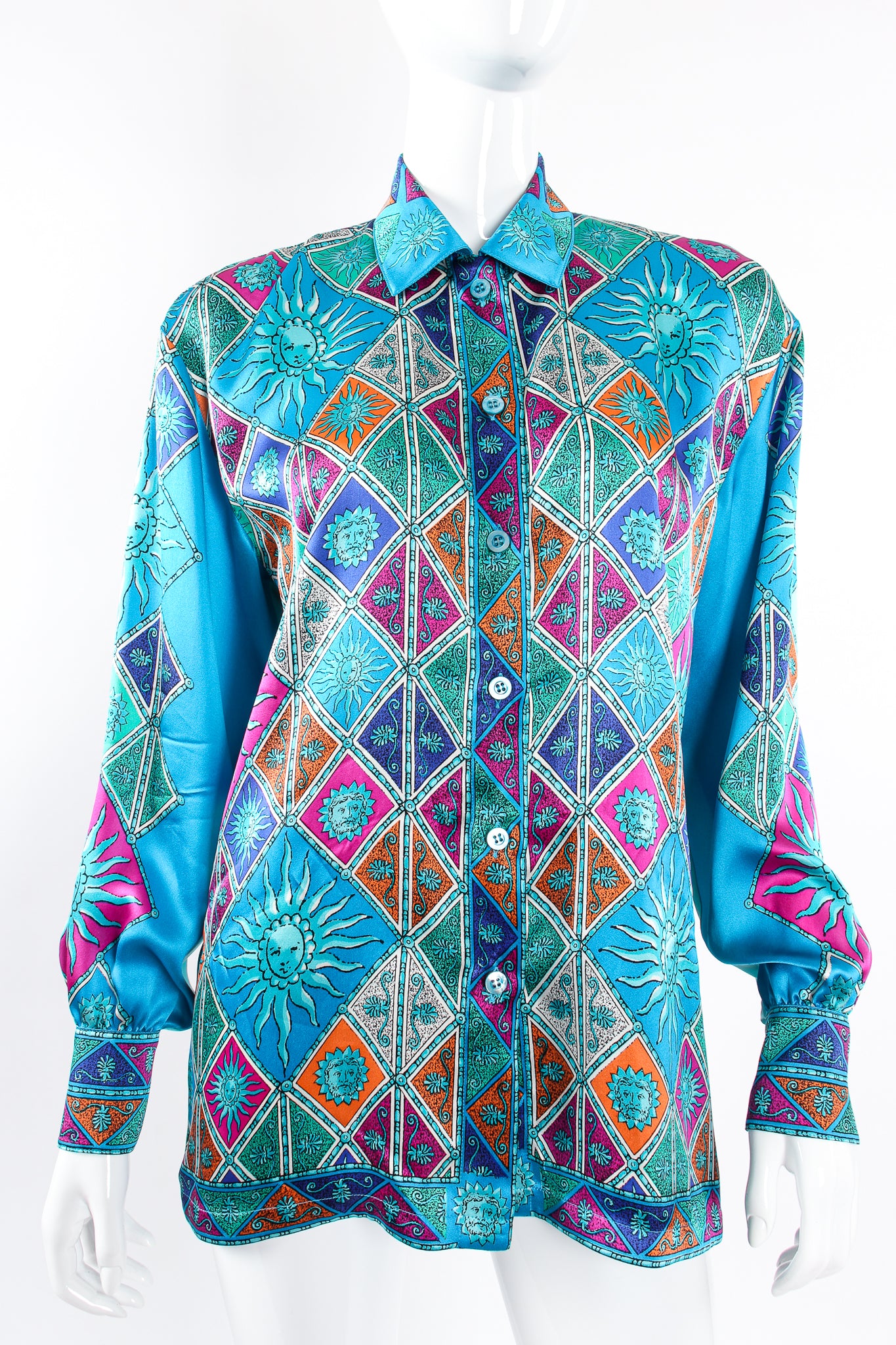 Vintage Escada Sol Goddess Mosaic Satin Shirt on Mannequin crop at Recess Los Angeles