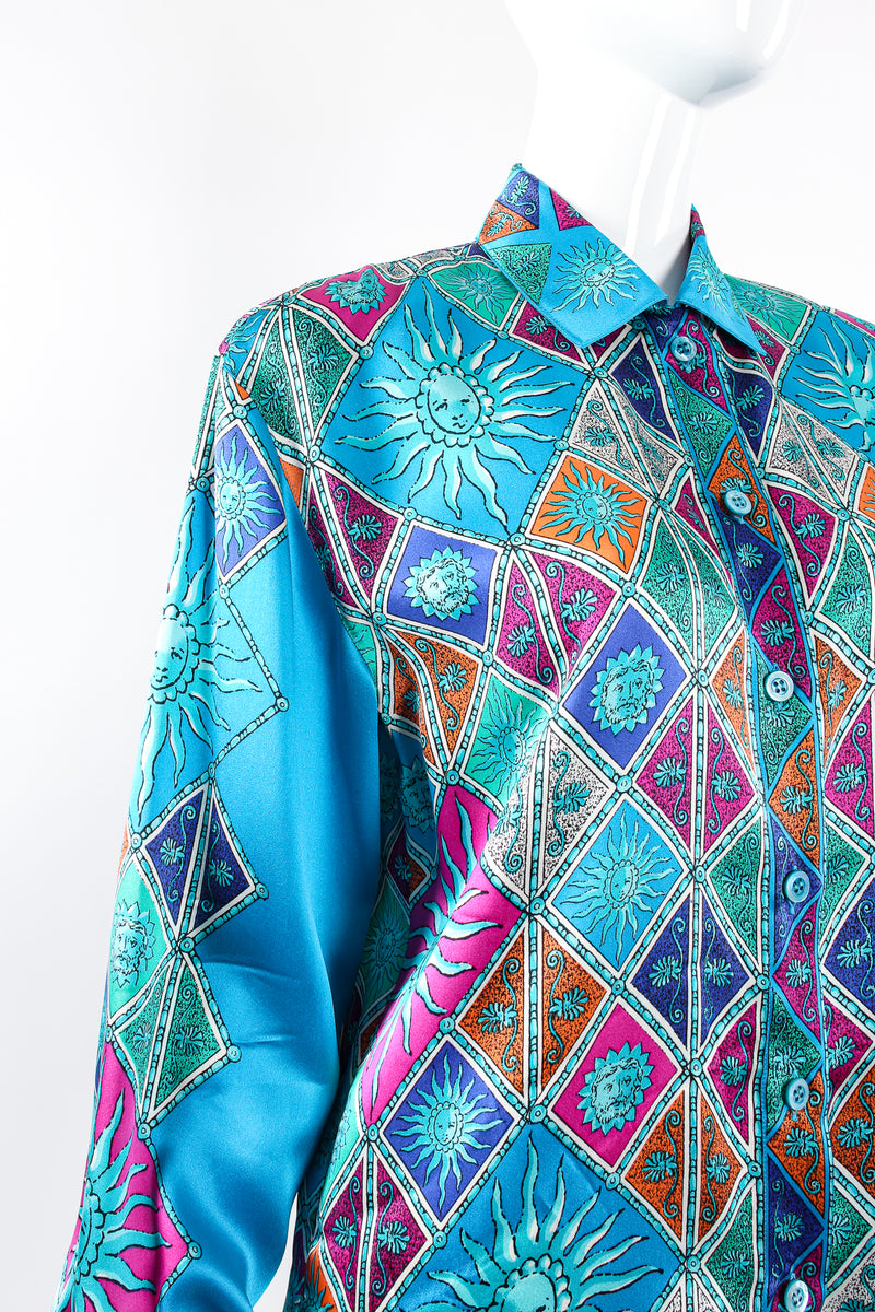 Vintage Escada Sol Goddess Mosaic Satin Shirt on Mannequin shoulder at Recess Los Angeles