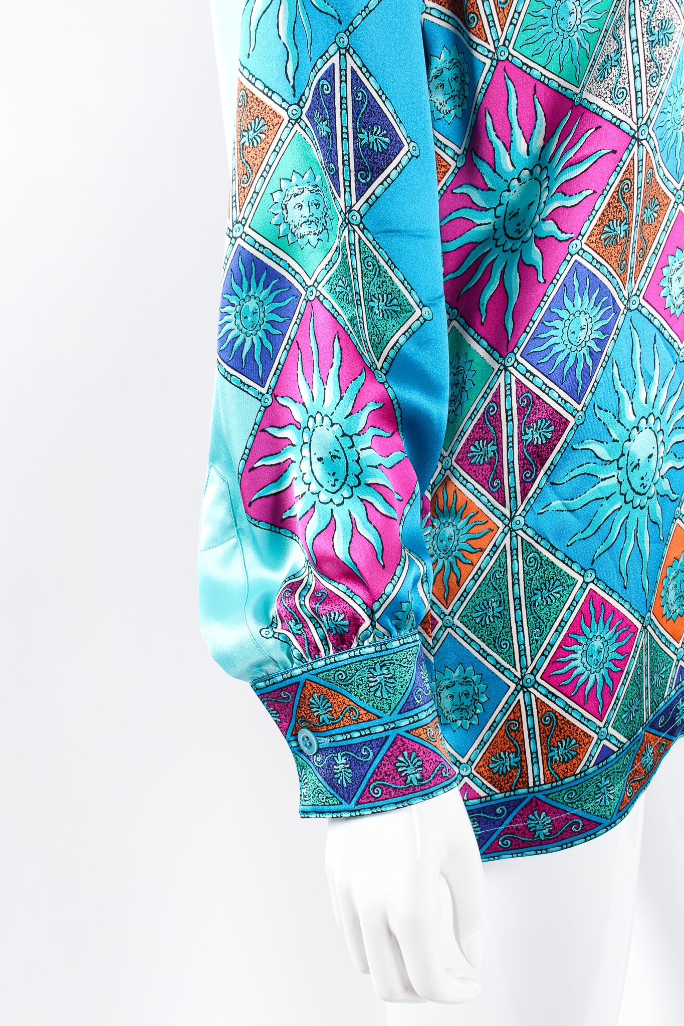 Vintage Escada Sol Goddess Mosaic Satin Shirt on Mannequin sleeve at Recess Los Angeles