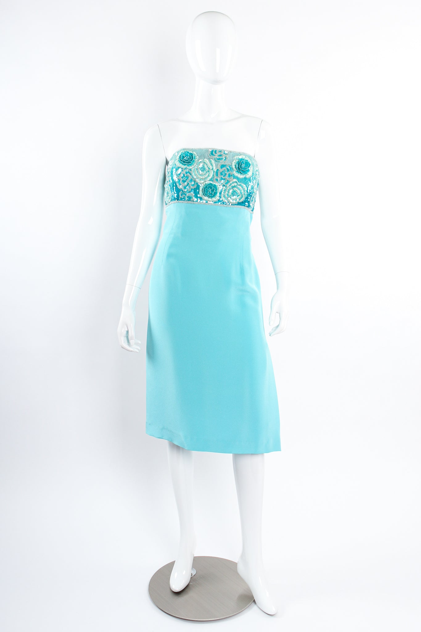 Vintage Escada Floral Sequined Strapless Sheath Dress on Mannequin front at Recess Los Angeles