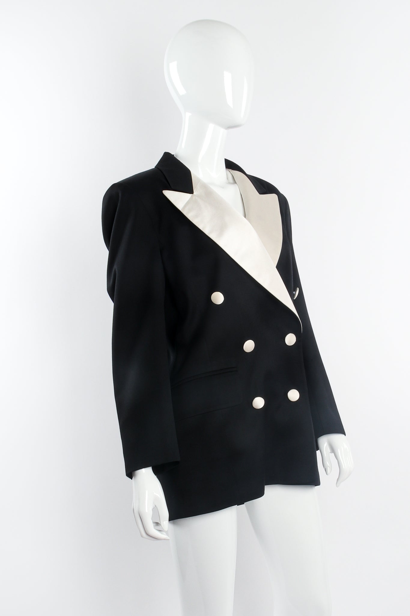 Vintage Escada Satin Trim Tuxedo Jacket on Mannequin angle at Recess Los Angeles