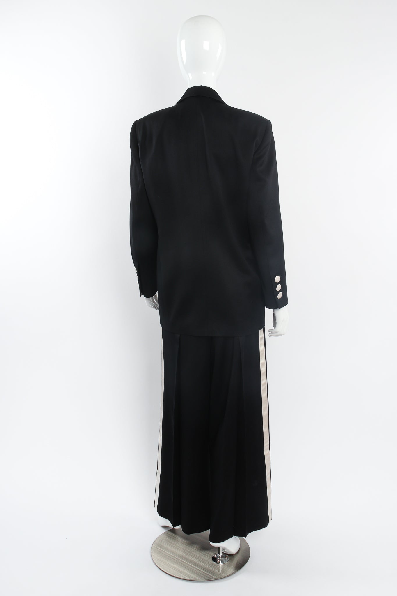 Vintage Escada Satin Trim Tuxedo Jacket & Pant Suit on Mannequin back at Recess Los Angeles