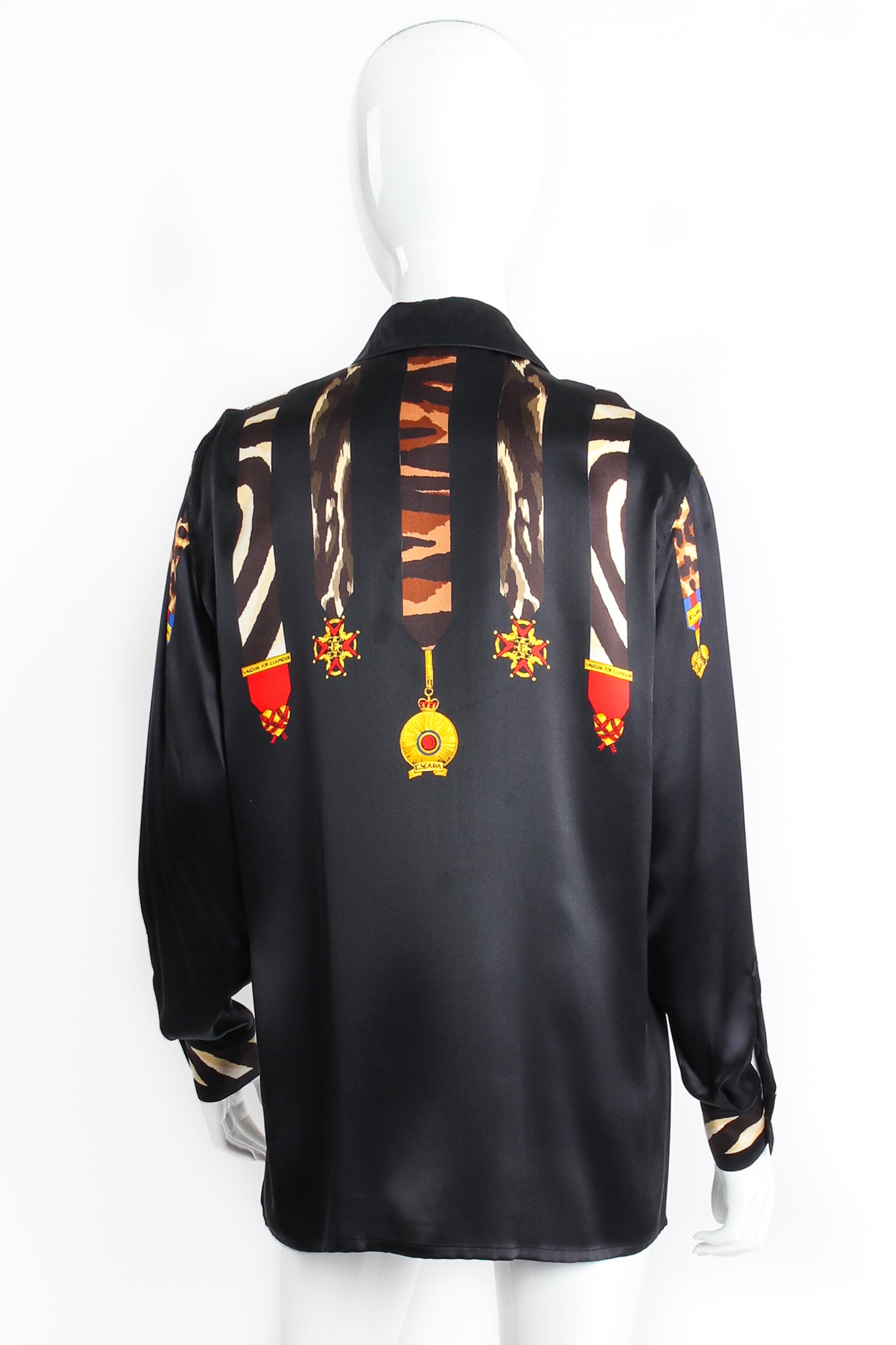 Vintage Escada Animal Ribbon Medals of Valor Shirt  on Mannequin Back at Recess LA