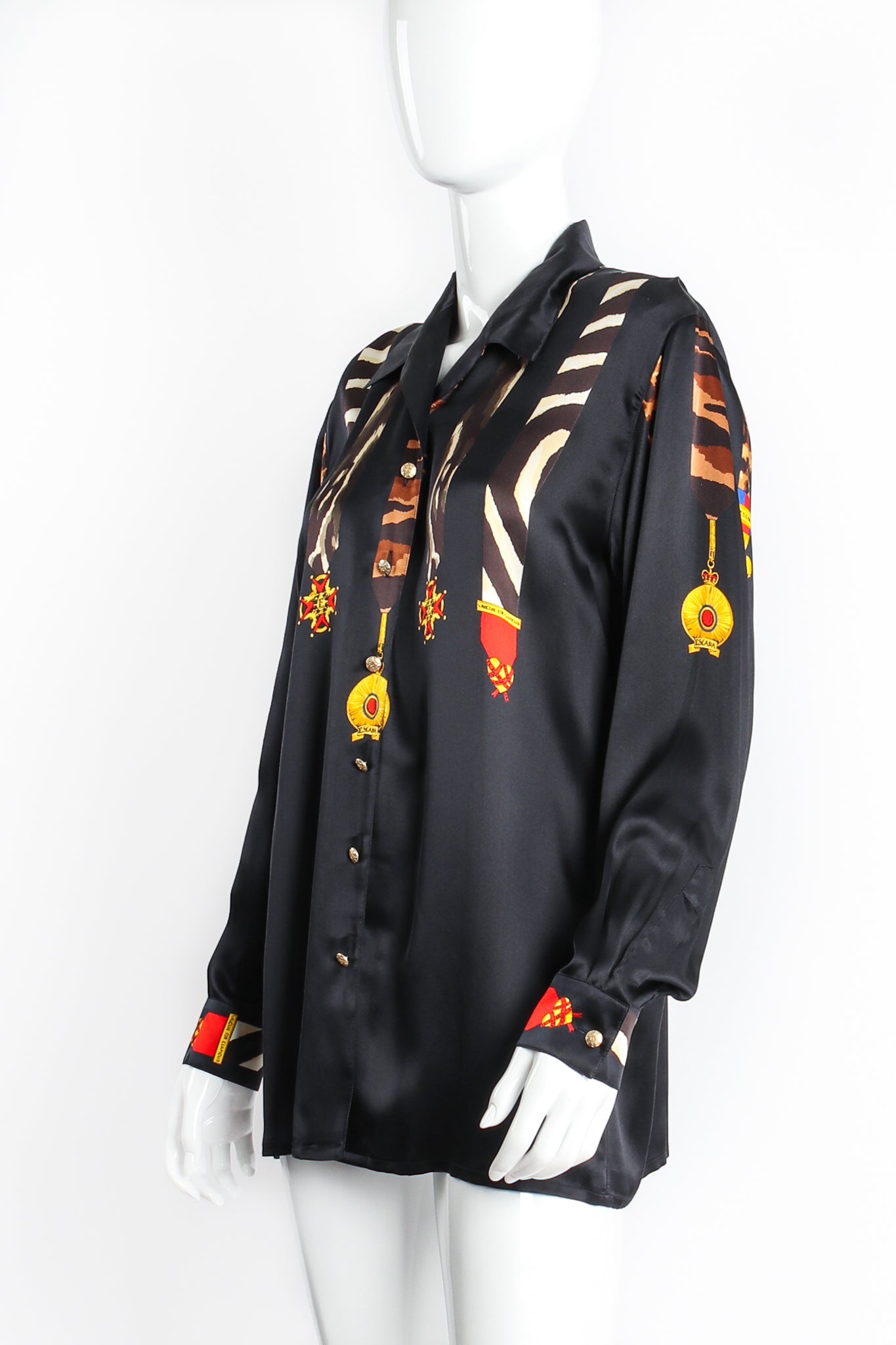 Vintage Escada Animal Ribbon Medals of Valor Shirt  on Mannequin Angle at Recess LA