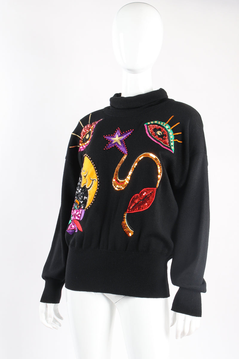 Vintage Escada Embellished Moon Appliqué Sweater on mannequin angle at Recess Los Angeles