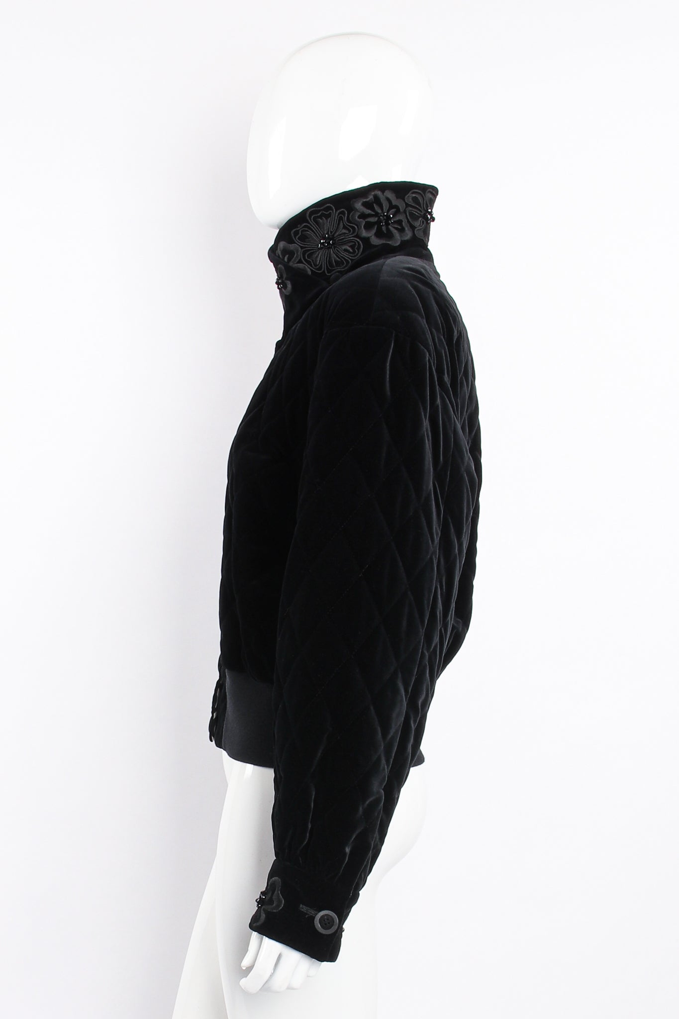 Vintage Escada Quilted Velvet Embellished Bomber on Mannequin side at Recess Los Angeles