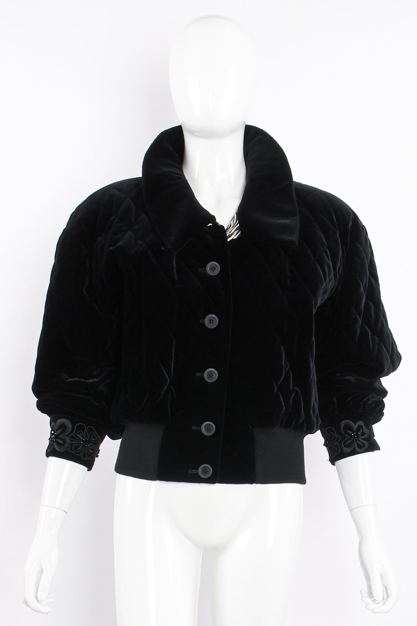 Vintage Escada Quilted Velvet Embellished Bomber on Mannequin front at Recess Los Angeles