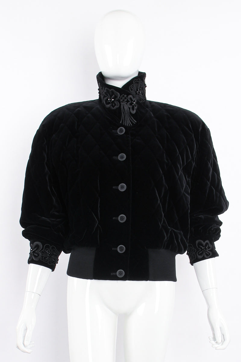 Vintage Escada Quilted Velvet Embellished Bomber on Mannequin front at Recess Los Angeles