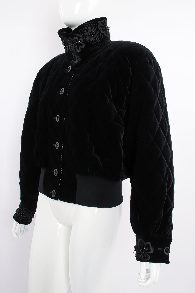 Vintage Escada Quilted Velvet Embellished Bomber on Mannequin angle at Recess Los Angeles