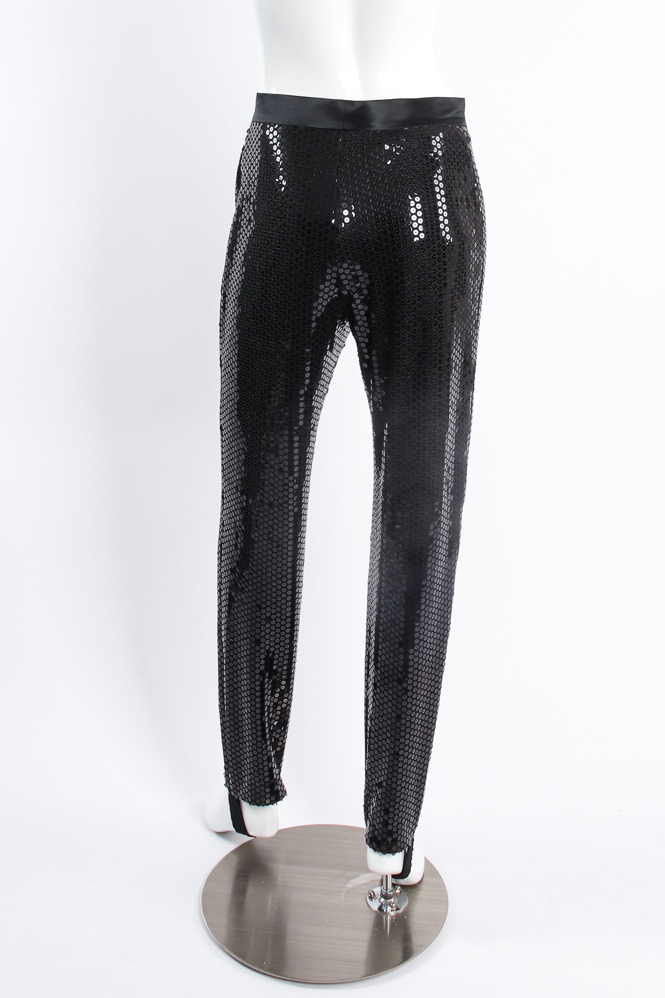 Vintage Escada Black Sequined Stirrup Pant on mannequin back at Recess Los Angeles