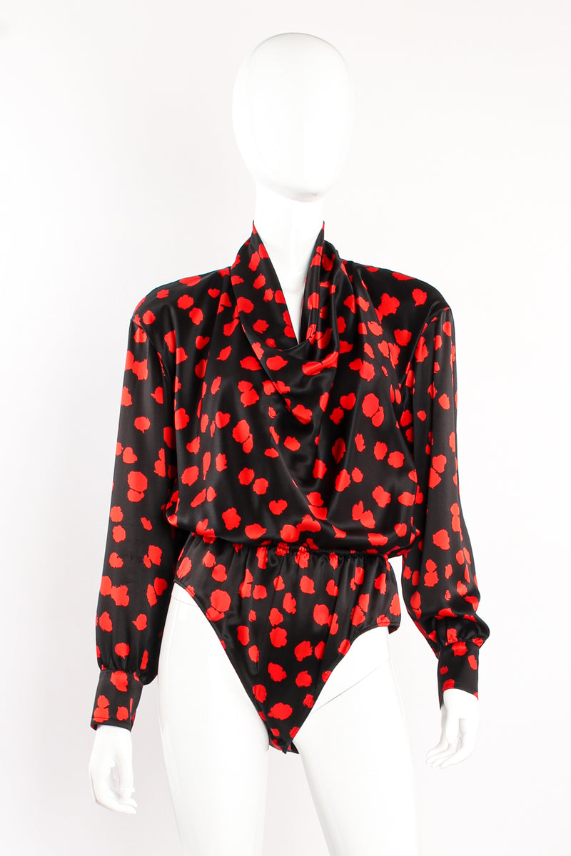 Vintage Escada Silk Splotch Print Cowl Bodysuit on mannequin front at Recess Los Angeles