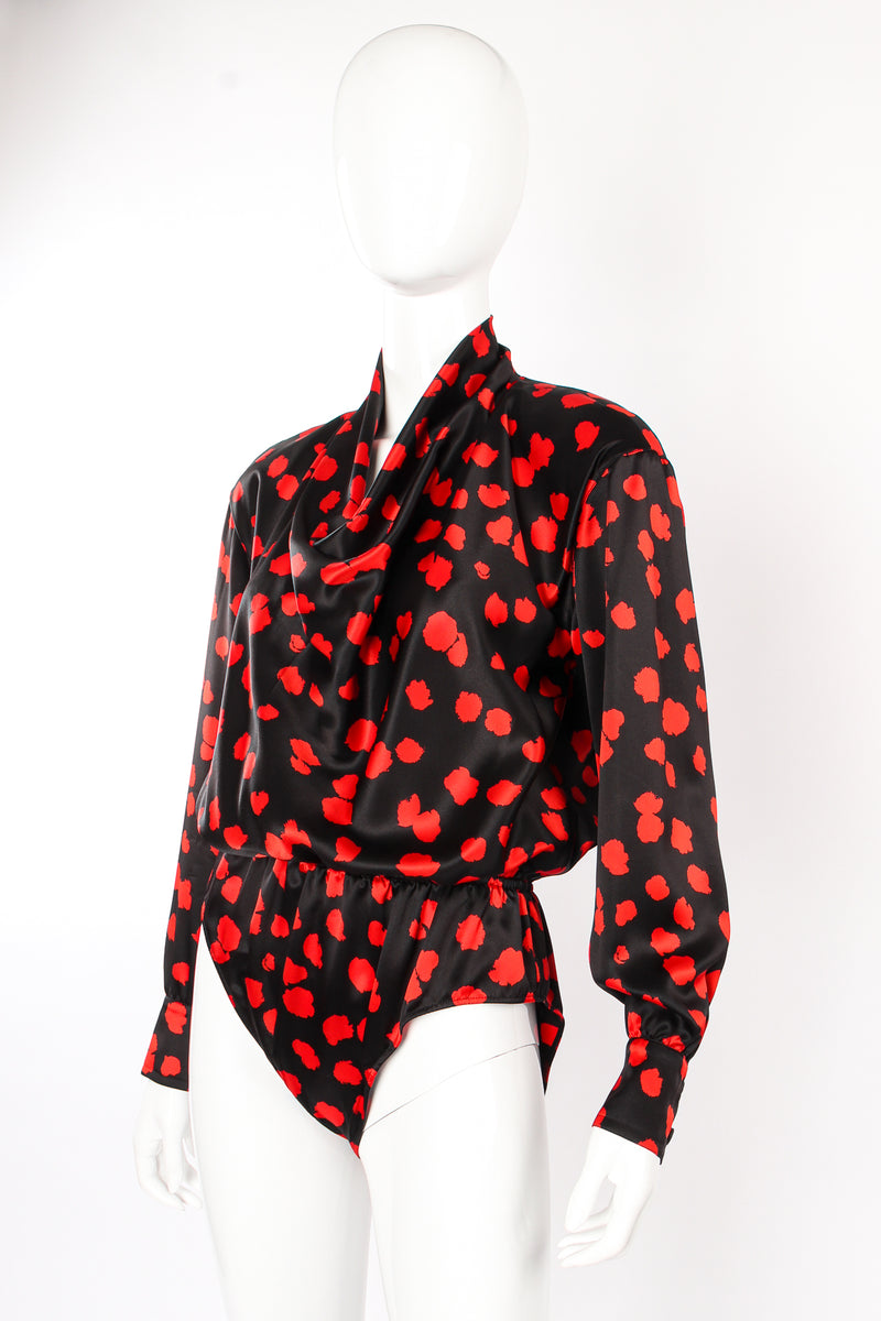 Vintage Escada Silk Splotch Print Cowl Bodysuit on mannequin angle at Recess Los Angeles