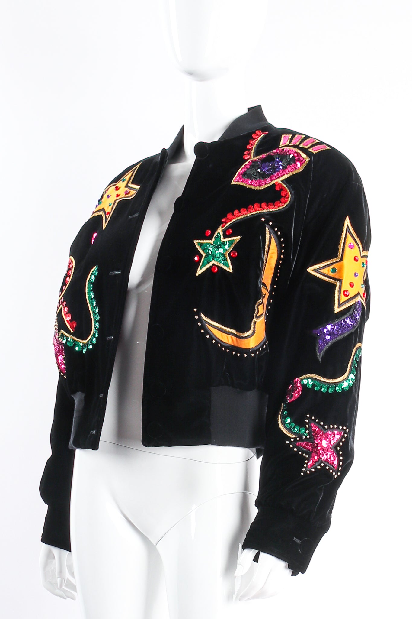 Vintage Escada Embellished Moon & Stars Bomber Jacket on mannequin open at Recess Los Angeles