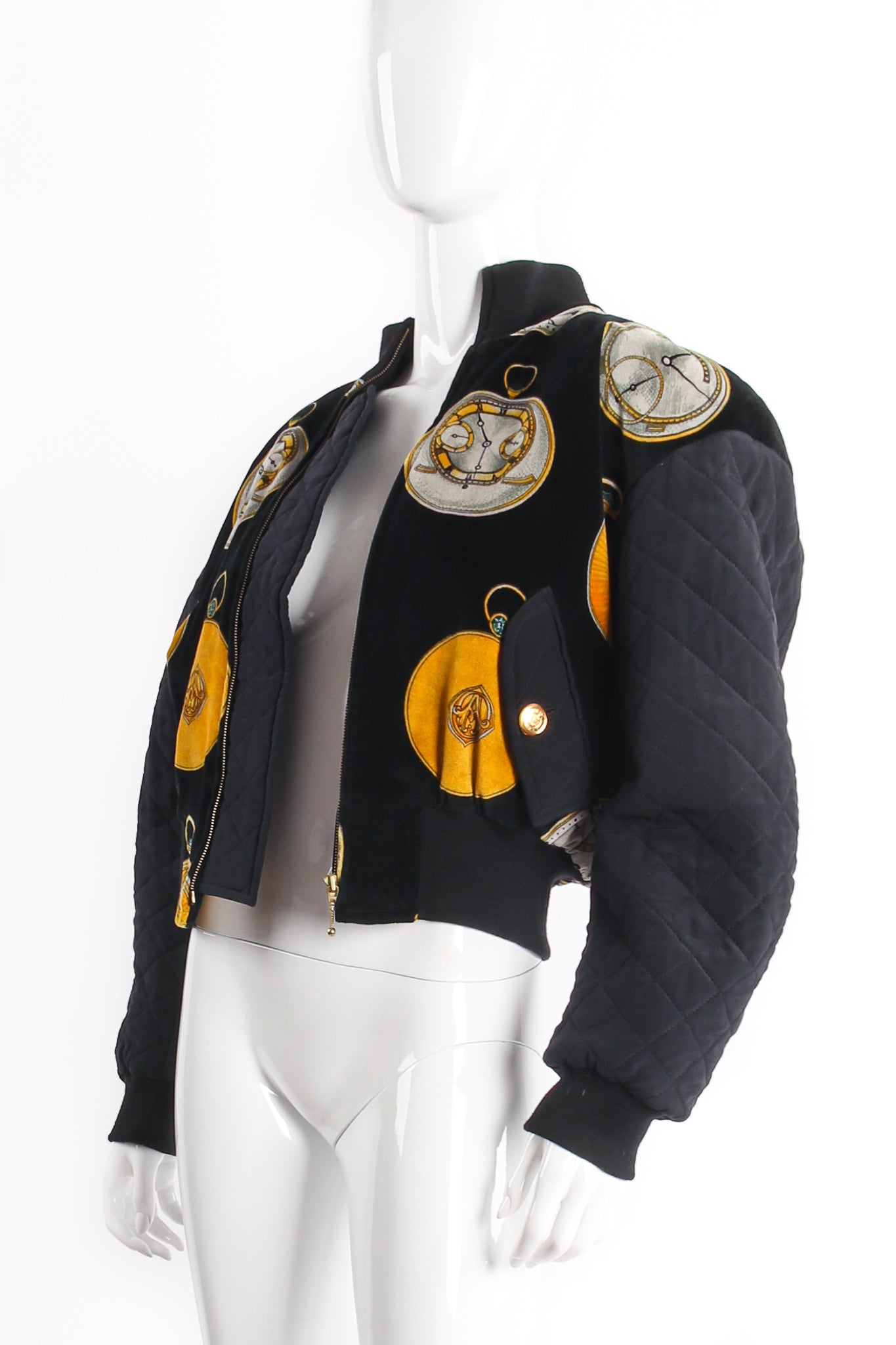 Vintage Escada Pocket Watch Velvet Bomber Jacket on Mannequin Angle at Recess LA