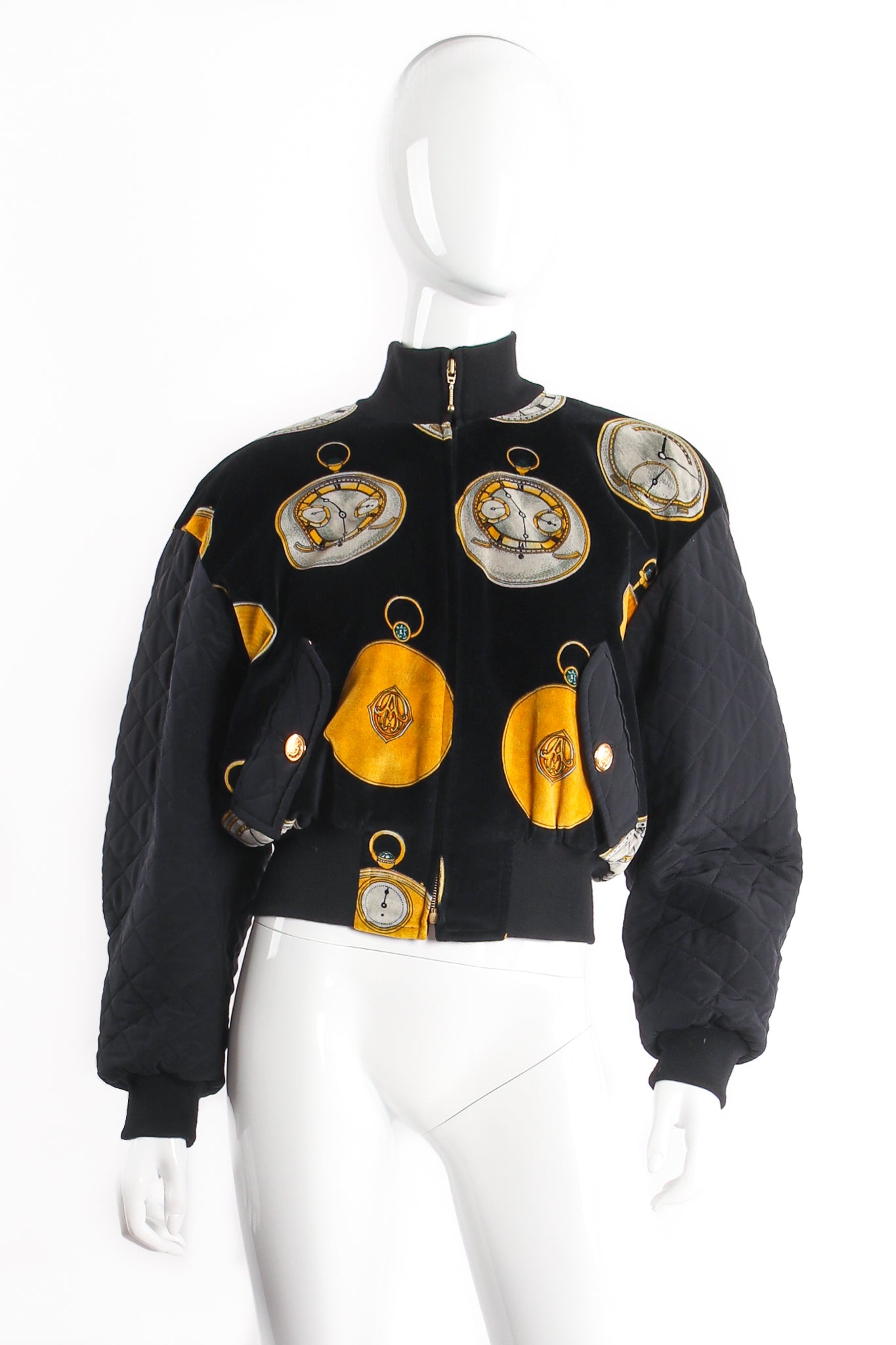 Vintage Escada Pocket Watch Velvet Bomber Jacket on Mannequin Front at Recess LA