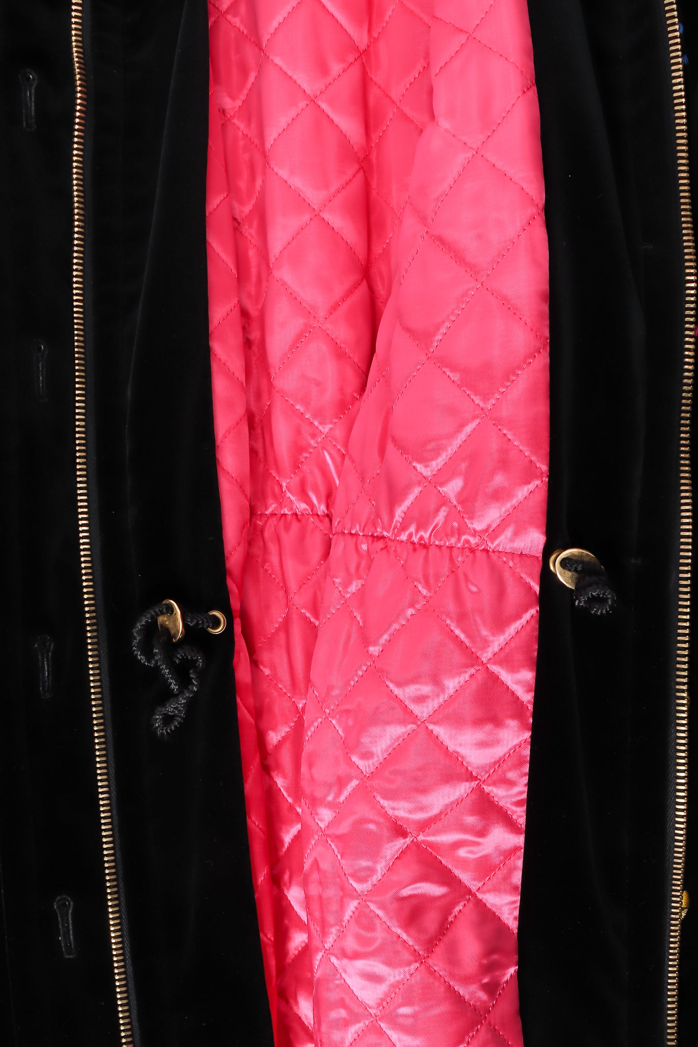 Vintage Escada Quilted Velvet Rainbow Ring Parka drawstring wear at Recess Los Angeles