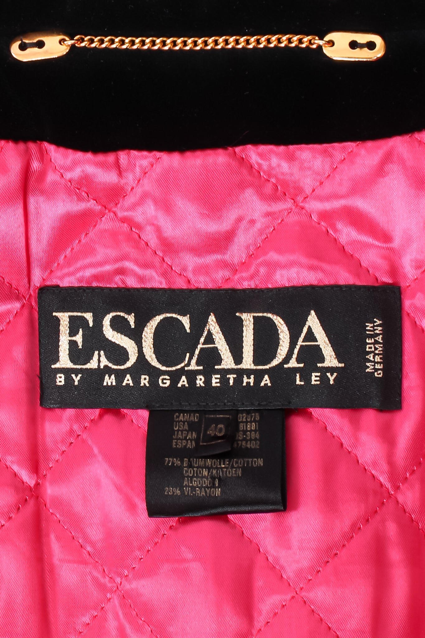 Vintage Escada Quilted Velvet Rainbow Ring Parka label at Recess Los Angeles