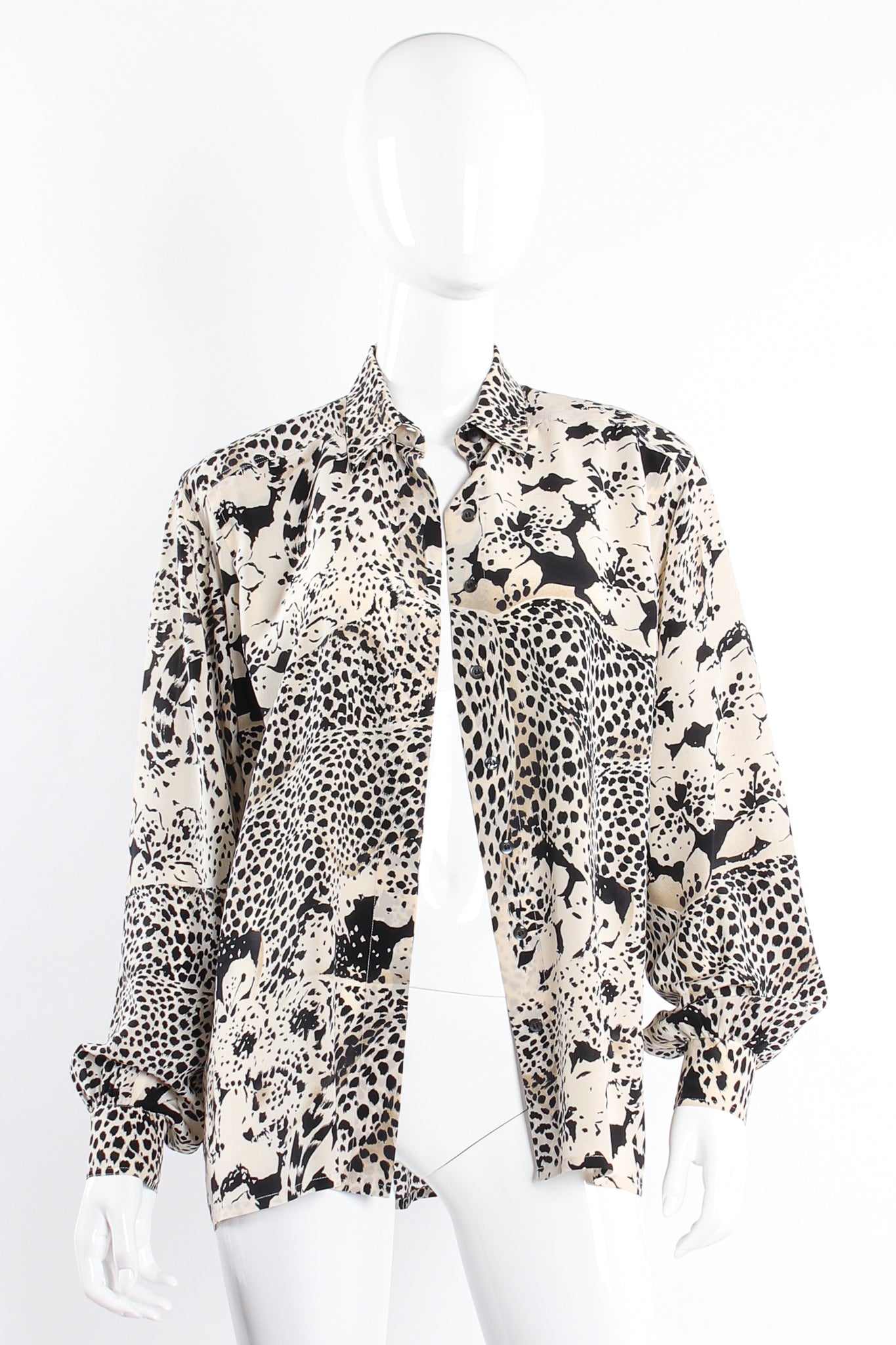 Vintage Escada Aloha Cheetah Print Shirt on mannequin open at Recess Los Angeles