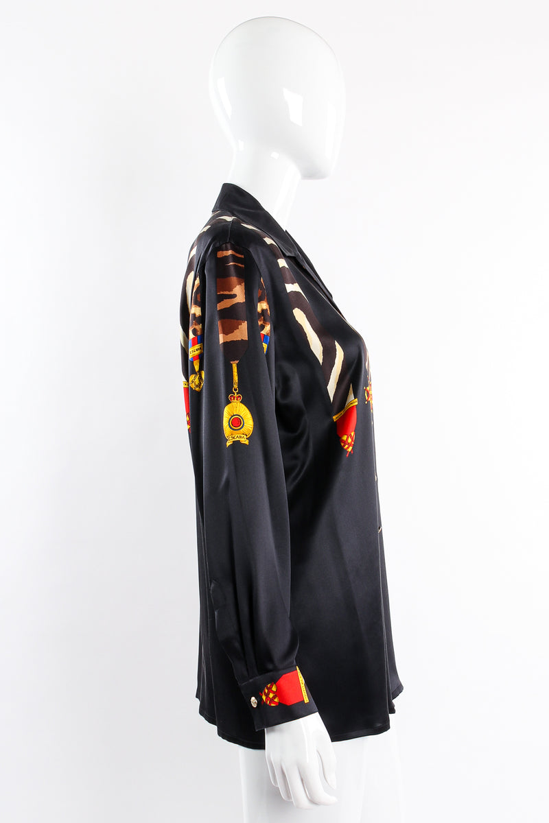 Vintage Escada Animal Ribbon Medals of Valor Shirt on Mannequin side at Recess Los Angeles