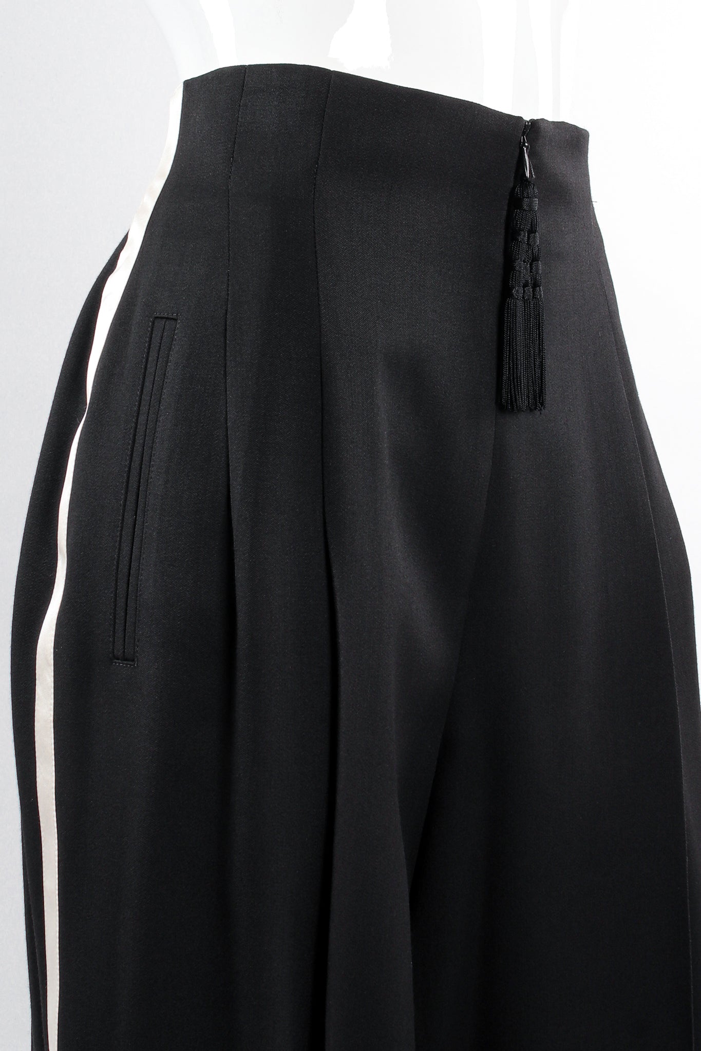 Vintage Escada High Waist Wide Leg Tuxedo Stripe Pant on Mannequin waist angle at Recess LA