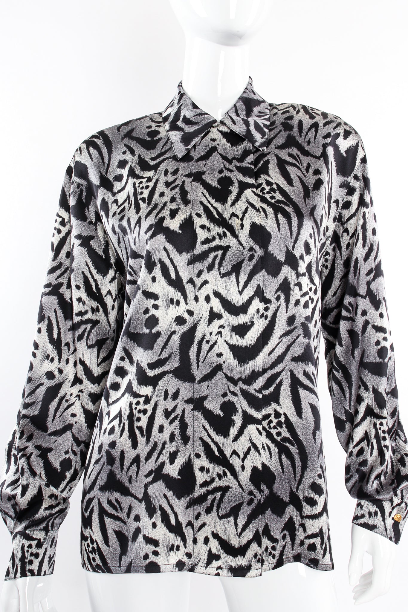 Vintage Escada Sleepy Hollow Abstract Animal Print Shirt on mannequin front crop at Recess LA