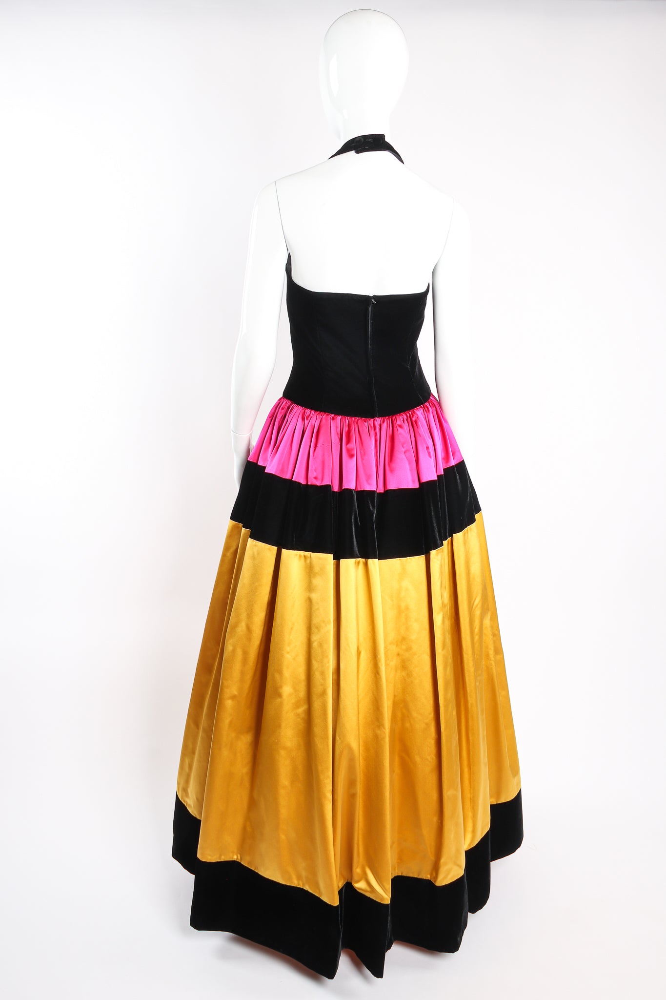 Vintage Escada Colorblock Satin Halter Ball Gown on Mannequin back at Recess Los Angeles