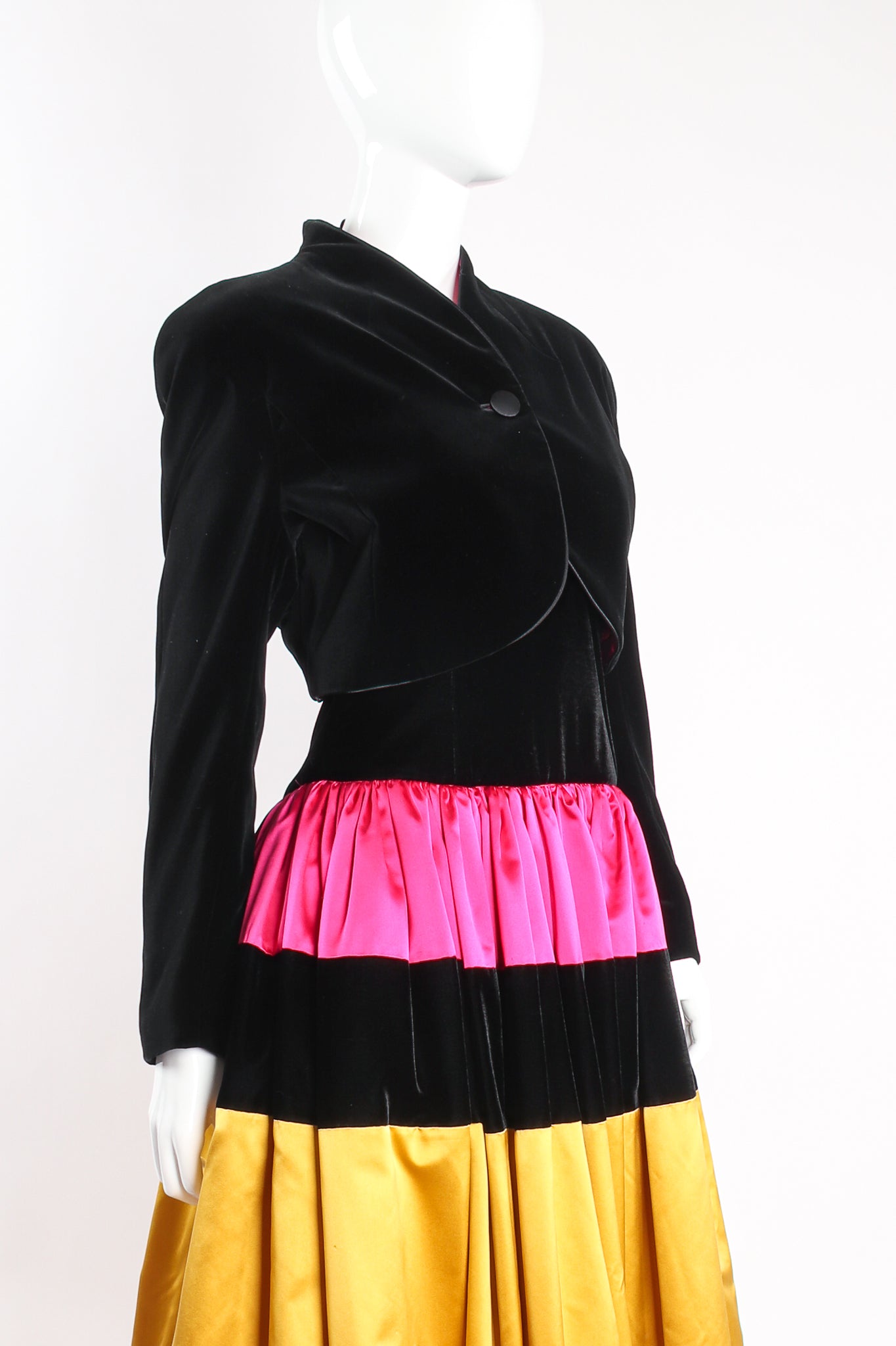 Vintage Escada Colorblock Satin Halter Ball Gown & Jacket on Mannequin crop at Recess Los Angeles