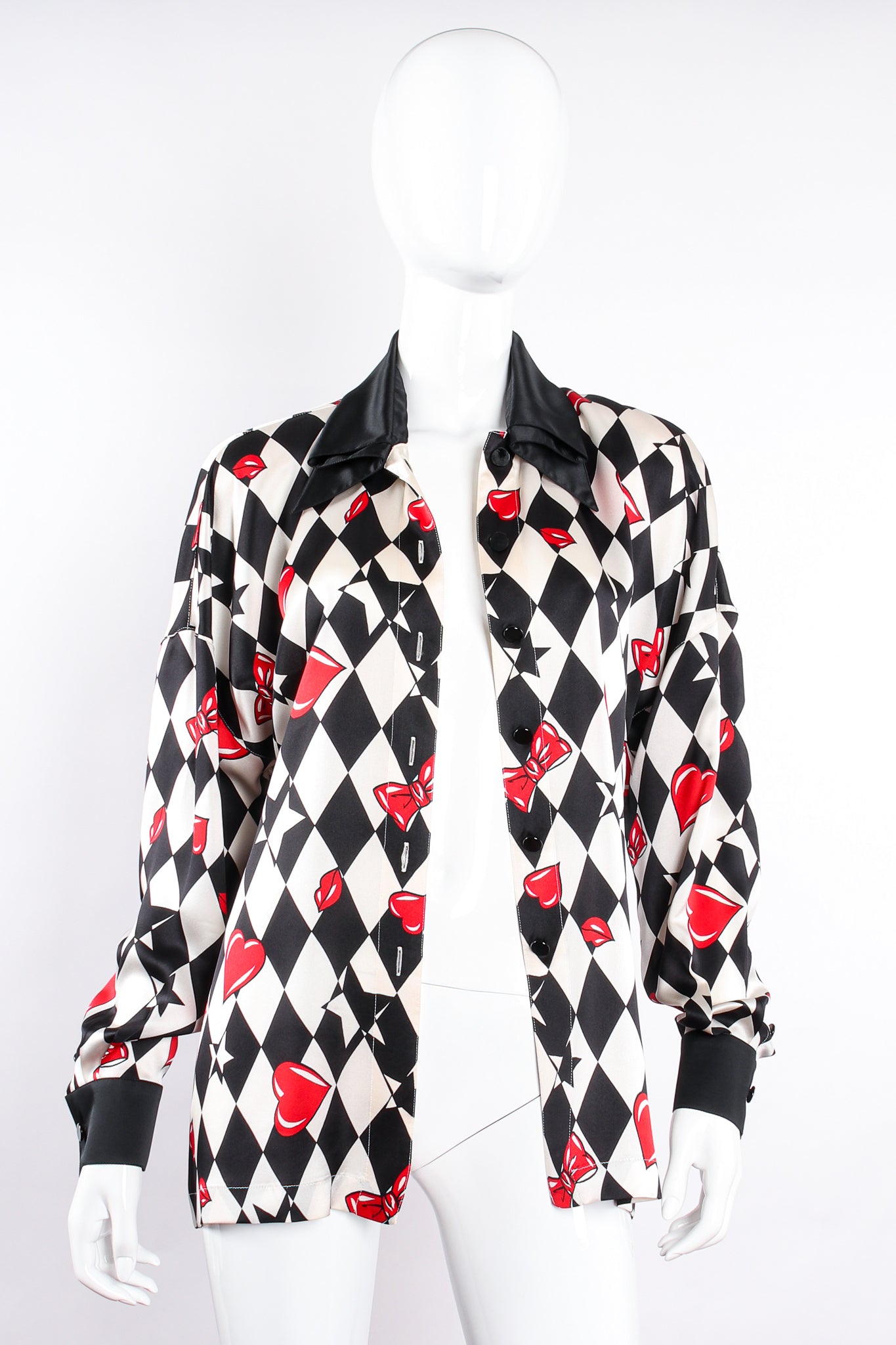 Vintage Escada Harlequin Hearts & Bows Silk Shirt on Mannequin open at Recess Los Angeles