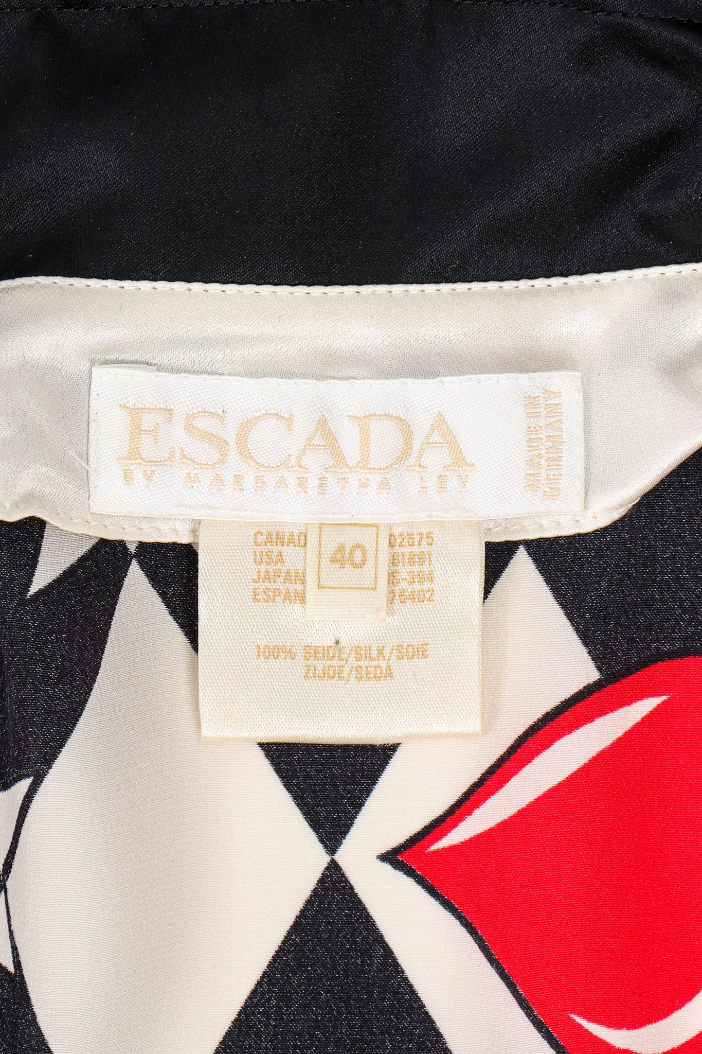 Vintage Escada Harlequin Hearts & Bows Silk Shirt label at Recess Los Angeles